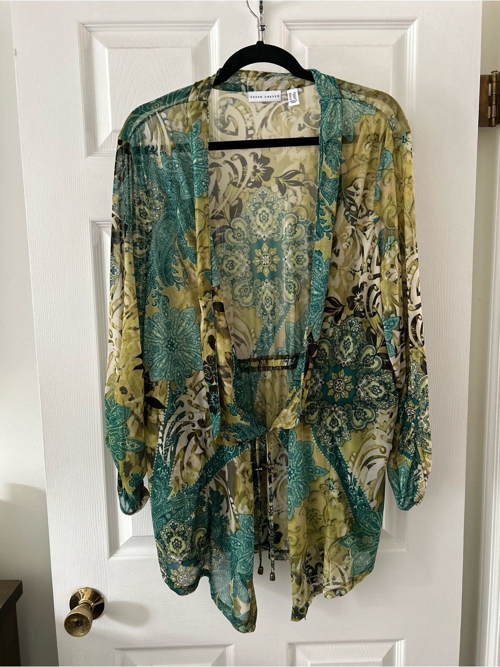 Susan Graver Teal Green Floral Sheer Tie-Front Cardigan